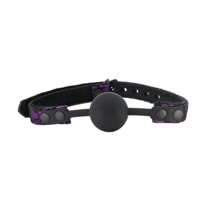 Full front view of berlin baby lace ball gag purple and black 