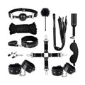 kit contents consisting of Ball Gag, rpe, collar and leash,nipple clamps, hand cuffs, feaather tickler, hog tie restraint, flogger, ankle cuffs, paddle, mask.