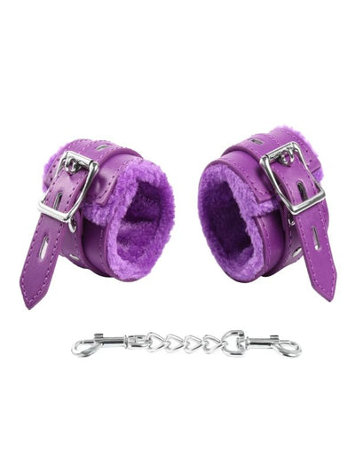 Leather Fur Lined Hand Cuffs- Purple