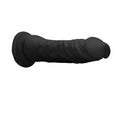 real rock 8 inch black dildo laying on side