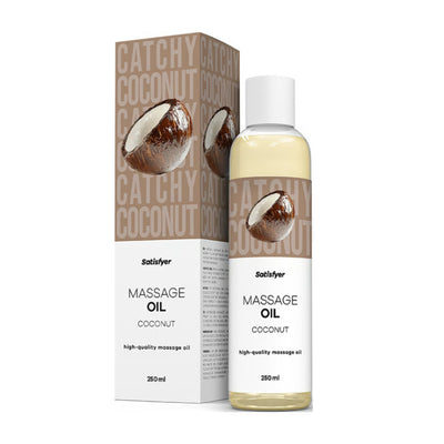 Satisfyer coconut massage oil 250 ml bottle and packaging