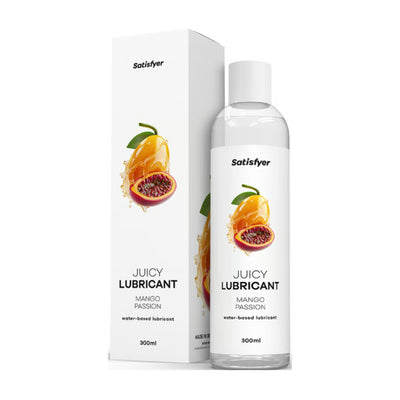 Satisfyer Mango Passion 300 ml lubricant bottle and packaging side by side