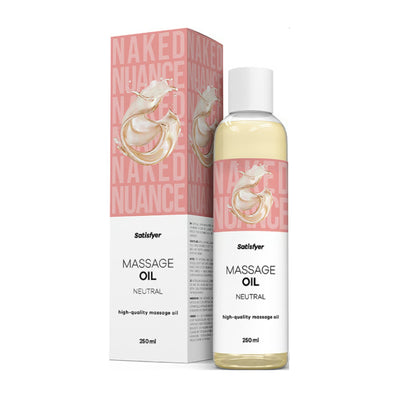 Satisfyer neutral massage oil 250 ml bottle and packaging side by side