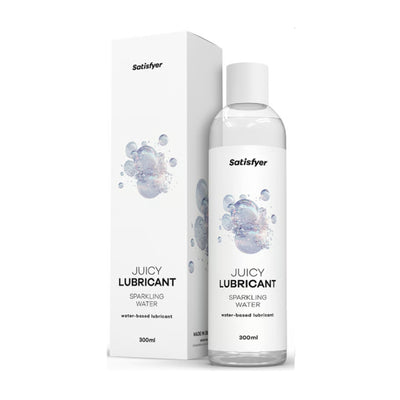 Satisfyer sparkling water 300 ml bottle and packaging side by side