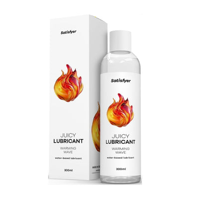 Satisfyer warming wave lubricant bottle and packaging side by side